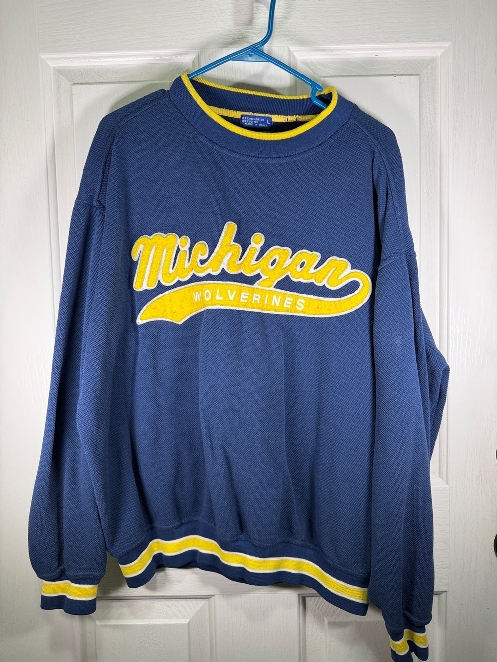 STARTER Navy Blue and Yellow Michigan Wolverines Crewneck Sweatshirt